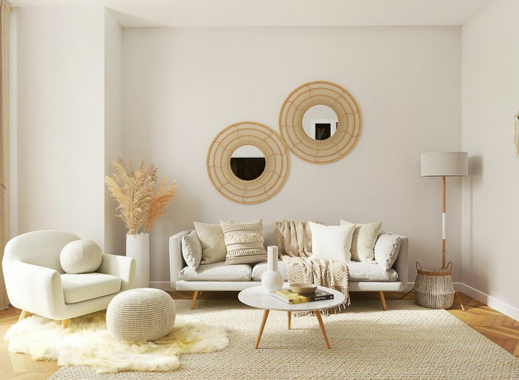 Calm living room in cream and oatmeal tones with a bouclé armchair, linen sofa and rattan mirrors